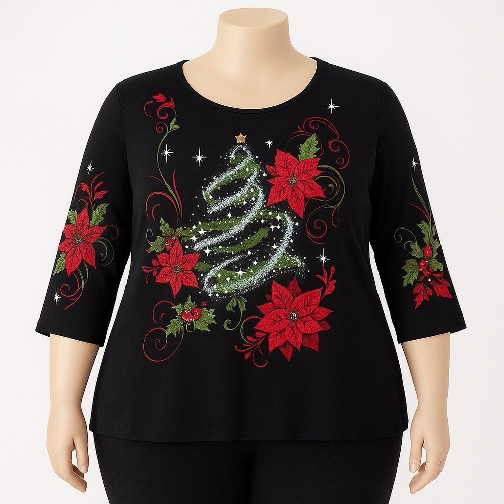 Jess & Jane Shirt Women Black Red Multi Christmas Casual Artsy Art to Wear 3X